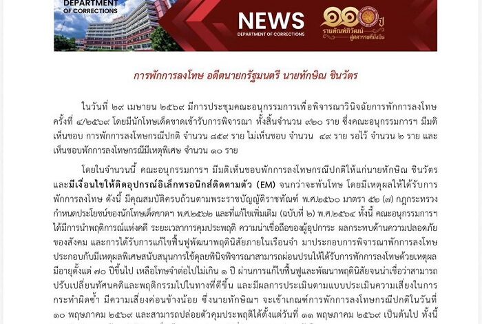 อนุกรรมการฯ ไฟเขียวพักโทษ “ทักษิณ” ติดกำไล EM ปล่อยตัว 11 พ.ค.นี้