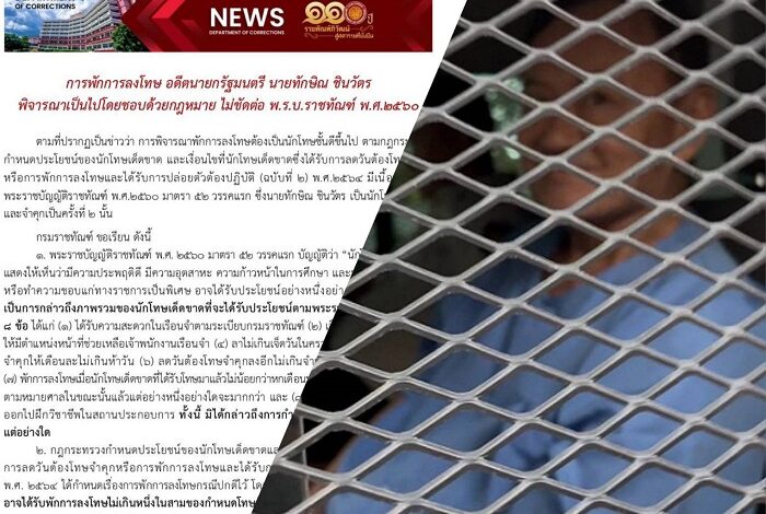 ราชทัณฑ์ แจงยิบพักโทษ “ทักษิณ” ไม่ขัด พรบ.ราชทัณฑ์’60 โปร่งใส-ตรวจสอบได้